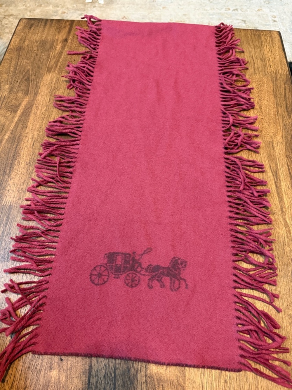 Coach Burgundy Fringe Wool Scarf with Horse & Carriage Motif